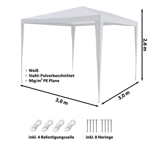 Pavillon Partyzelt 3x3m weiß Stahl PE Plane 90g/m² 4 Seile 8 Heringe  UV-Schutz Zelt Gartenpavillon Gartenzelt