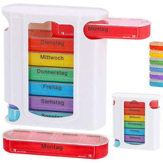 Pillenbox 'Deluxe' 7 Tage Regenbogenfarben weiß Kunststoff 11,5x13x4,3cm Beschriftung Wochentage Tageszeit Tablettenbox einzeln herausziehbar Pillendose Tablettendose