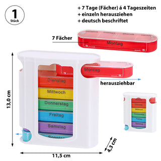 Pillenbox 'Deluxe' 7 Tage Regenbogenfarben weiß Kunststoff 11,5x13x4,3cm Beschriftung Wochentage Tageszeit Tablettenbox einzeln herausziehbar Pillendose Tablettendose