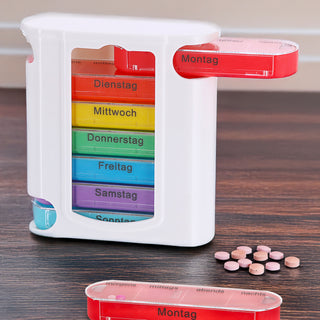 Pillenbox 'Deluxe' 7 Tage Regenbogenfarben weiß Kunststoff 11,5x13x4,3cm Beschriftung Wochentage Tageszeit Tablettenbox einzeln herausziehbar Pillendose Tablettendose