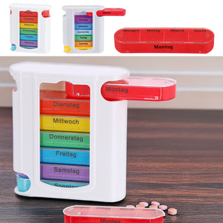 Pillenbox 'Deluxe' 7 Tage Regenbogenfarben weiß Kunststoff 11,5x13x4,3cm Beschriftung Wochentage Tageszeit Tablettenbox einzeln herausziehbar Pillendose Tablettendose