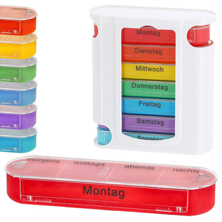 Pillenbox 'Deluxe' 7 Tage Regenbogenfarben weiß Kunststoff 11,5x13x4,3cm Beschriftung Wochentage Tageszeit Tablettenbox einzeln herausziehbar Pillendose Tablettendose