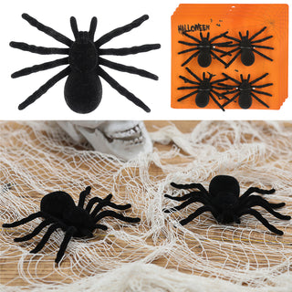 Spinnen 6x4er Set beflockt schwarz 8x6cm Kunststoff Polyester Halloween-Deko Spinne Spinnentier Gruselspinne