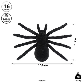 Spinnen 6x4er Set beflockt schwarz 8x6cm Kunststoff Polyester Halloween-Deko Spinne Spinnentier Gruselspinne