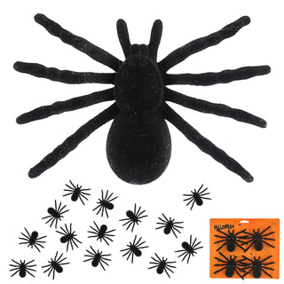Spinnen 6x4er Set beflockt schwarz 8x6cm Kunststoff Polyester Halloween-Deko Spinne Spinnentier Gruselspinne