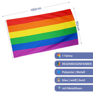 Fahne Regenbogenfarben 150x90cm Polyester bunt Dekofahne in LGBTQ-Design Equality Diversity Events Festivals Hissflagge mit Metallösen