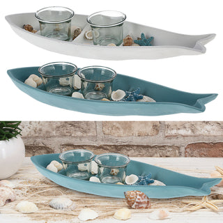 Tablett Fischform 2er Set mit Kerzenhalter MDF weiß blau 34x12cm maritim Fisch 2 Glaskerzenständer Teelichthalter