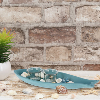 Tablett Fischform 2er Set mit Kerzenhalter MDF weiß blau 34x12cm maritim Fisch 2 Glaskerzenständer Teelichthalter