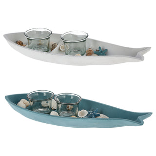 Tablett Fischform 2er Set mit Kerzenhalter MDF weiß blau 34x12cm maritim Fisch 2 Glaskerzenständer Teelichthalter