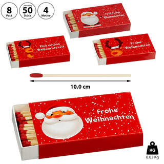 Streichhölzer 'Frohe Weihnachten' 8er Set 4 Motive 10cm lang 12.5x2x6,5cm Karton Zündhölzer Streichholzschachtel Anzünder