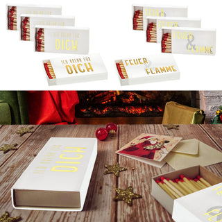 Streichhölzer Spruch 8er Set 2 Motive 10cm lang 12.5x2x6,5cm weiß gold Karton Zündhölzer Streichholzschachtel Anzünder