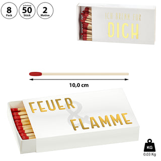 Streichhölzer Spruch 8er Set 2 Motive 10cm lang 12.5x2x6,5cm weiß gold Karton Zündhölzer Streichholzschachtel Anzünder