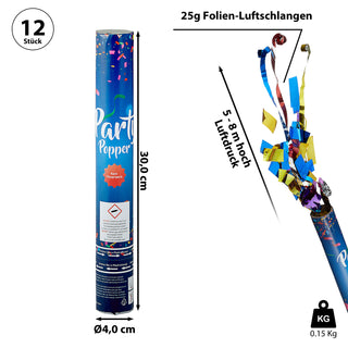 12er Set Party-Popper De Luxe 30cm Konfettikanone Folien-Luftschlangen Konfettiregen Geburtstag Silvester Party