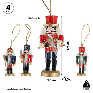 Nussknacker zum Aufhängen 4er Set bunt 3,5x8x2,5cm Kiefernholz Baumschmuck-Anhänger Weihnachtsfigur