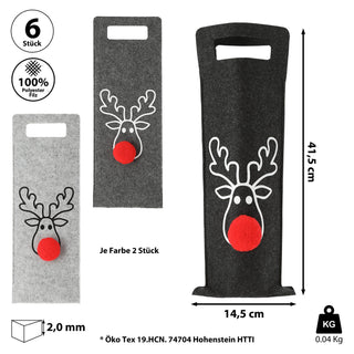 Flaschentasche Rentier 6er Set Filz hellgrau grau anthrazit rot 14,5x41,5cm Geschenktasche je Farbe 2x Flaschen