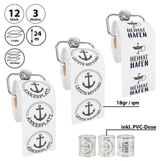 Toilettenpapier maritim 12er Set 3 Motiven 24m 2-lagig PVC 18g/qm Klopapier bedruckte Rollen WC-Papier