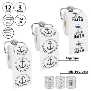 Toilettenpapier maritim 12er Set 3 Motiven 24m 2-lagig PVC 18g/qm Klopapier bedruckte Rollen WC-Papier