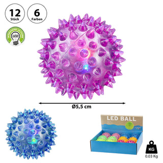 LED Massageball 12er Set 6 Farben Ø5,5cm Gummi blinkender Noppenball Fazienball Igelball Spielball