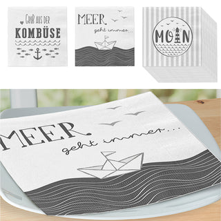 Servietten 'Maritim' 3 Motive 60er Set 33x33cm 3-lagig Papierserviette stoffähnlich Tuch Anker Leuchtturm Meer