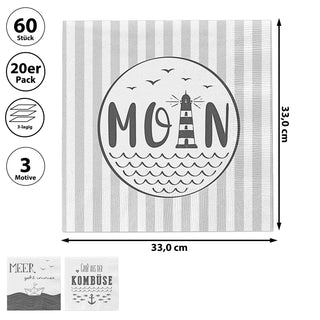 Servietten 'Maritim' 3 Motive 60er Set 33x33cm 3-lagig Papierserviette stoffähnlich Tuch Anker Leuchtturm Meer