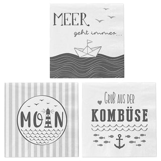 Servietten 'Maritim' 3 Motive 60er Set 33x33cm 3-lagig Papierserviette stoffähnlich Tuch Anker Leuchtturm Meer