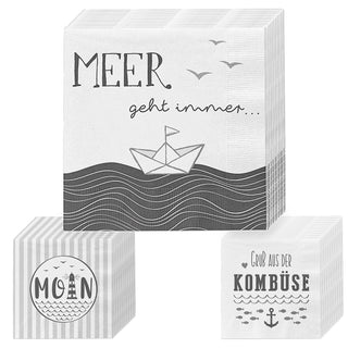 Servietten 'Maritim' 3 Motive 60er Set 33x33cm 3-lagig Papierserviette stoffähnlich Tuch Anker Leuchtturm Meer