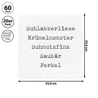 Servietten 'Schmutzfink' 60er Set 33x33cm 3-lagig Papierserviette stoffähnlich Schlagworte