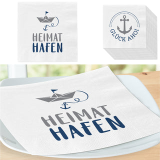 Servietten 'Ahoi' 2 Motive 80er Set 33x33cm 3-lagig Papierserviette stoffähnlich Anker Boot Hafen Tücher