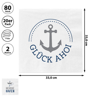 Servietten 'Ahoi' 2 Motive 80er Set 33x33cm 3-lagig Papierserviette stoffähnlich Anker Boot Hafen Tücher