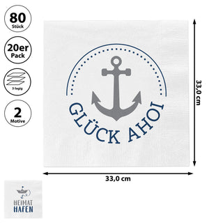 Servietten 'Ahoi' 2 Motive 80er Set 33x33cm 3-lagig Papierserviette stoffähnlich Anker Boot Hafen Tücher
