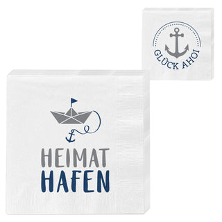 Servietten 'Ahoi' 2 Motive 80er Set 33x33cm 3-lagig Papierserviette stoffähnlich Anker Boot Hafen Tücher