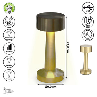 LED Tischleuchte silber / gold / kupfer / schwarz Eisen 9x21cm Touchfunktion 3 Weißtöne USB Kabel dimmbar Dekolampe Tischbeleuchtung