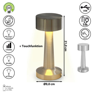 LED Tischleuchte silber / gold / kupfer / schwarz Eisen 9x21cm Touchfunktion 3 Weißtöne USB Kabel dimmbar Dekolampe Tischbeleuchtung