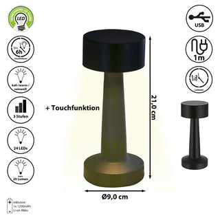 LED Tischleuchte silber / gold / kupfer / schwarz Eisen 9x21cm Touchfunktion 3 Weißtöne USB Kabel dimmbar Dekolampe Tischbeleuchtung