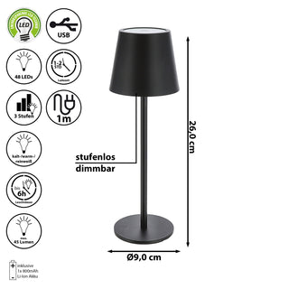 LED Tischleuchte weiß/schwarz 48 LEDs 9x26cm USB Ladefunktion Touchfunktion stufenlos dimmbar 3 Weißtöne 45 Lumen Tischbeleuchtung