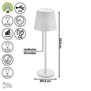 LED Tischleuchte weiß/schwarz 48 LEDs 9x26cm USB Ladefunktion Touchfunktion stufenlos dimmbar 3 Weißtöne 45 Lumen Tischbeleuchtung
