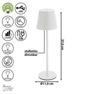 LED Tischleuchte weiß/schwarz 56 LEDs 11x37cm USB Ladefunktion Touchfunktion stufenlos dimmbar 3 Weißtöne 45 Lumen Tischbeleuchtung