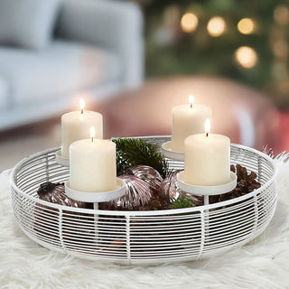 Adventskranz Strebenoptik weiß Eisen Ø36,5x10cm Metall-Kerzenhalter Weihnachtsdekoration Adventskerzen Gitterschalenform für 4 Kerzen