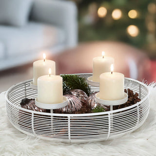 Adventskranz Strebenoptik weiß Eisen Ø36,5x10cm Metall-Kerzenhalter Weihnachtsdekoration Adventskerzen Gitterschalenform für 4 Kerzen