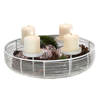 Adventskranz Strebenoptik weiß Eisen Ø36,5x10cm Metall-Kerzenhalter Weihnachtsdekoration Adventskerzen Gitterschalenform für 4 Kerzen