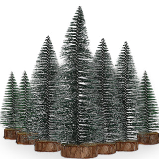 Tannenbaum auf Holzfuss mit Schnee 8er Set | 10-20cm 3 Größen Kunststoff Kiefer grün | Tanne Weihnachtsbaum Wald Deko-Baum