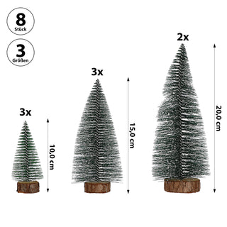Tannenbaum auf Holzfuss mit Schnee 8er Set | 10-20cm 3 Größen Kunststoff Kiefer grün | Tanne Weihnachtsbaum Wald Deko-Baum