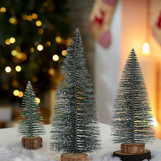 Tannenbaum auf Holzfuss mit Schnee 8er Set | 10-20cm 3 Größen Kunststoff Kiefer grün | Tanne Weihnachtsbaum Wald Deko-Baum