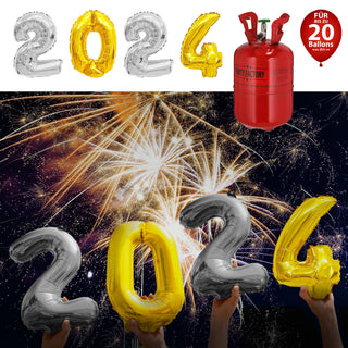 Ballongas Set 2024 Folienballon Zahlen 2x2 silber 1x0 + 1x4 gold Heliumflasche 140L Gasfüllung für 20 Ballons