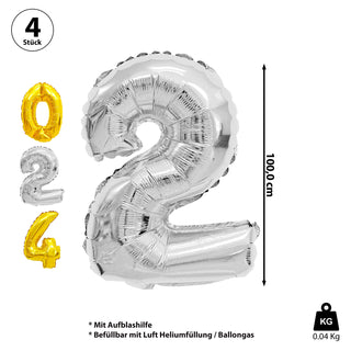 Ballongas Set 2024 Folienballon Zahlen 2x2 silber 1x0 + 1x4 gold Heliumflasche 140L Gasfüllung für 20 Ballons