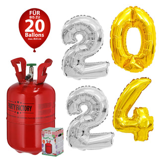 Ballongas Set 2024 Folienballon Zahlen 2x2 silber 1x0 + 1x4 gold Heliumflasche 140L Gasfüllung für 20 Ballons