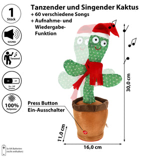 Kaktus Sound Bewegung Xmas-Design Polyester 16x30x11cm 60 verschiedene Songs Lichteffekt Bewegung Aufnahme- und Wiedergabefunktion An-/Ausschalter batteriebetrieben