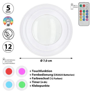 LED Leuchten 5er Set zum Kleben weiß RGB 12 Farben Ø7cm Kunststoff Touch-Schalter Fernbedienung Timerfunktion batteriebetrieben Nachtlicht