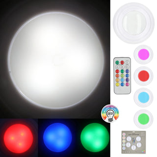 LED Leuchten 5er Set zum Kleben weiß RGB 12 Farben Ø7cm Kunststoff Touch-Schalter Fernbedienung Timerfunktion batteriebetrieben Nachtlicht