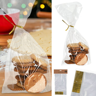 Gebäcktüten 10er Set Folie 14x26x4cm Klarsichttüte Verschluss gold Bodenbeutel lebensmittelecht Tüten